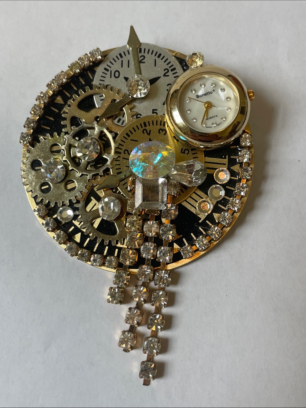 Vintage 80s Bonetto Brooch Watch Steampunk Gold Tone Rhinestones Works